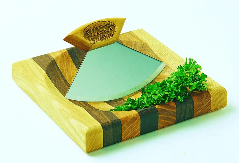 A 6 1/2" Bowl with 5" Ulu & Display Stand with a mirror on it.
