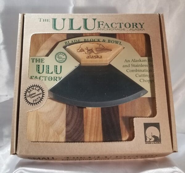 The 6 1/2" Bowl with 5" Ulu & Display Stand factory cutting board and knife set.