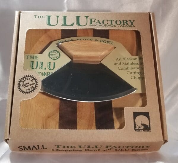 The 6 1/2" Bowl with 5" Ulu & Display Stand factory knife set.
