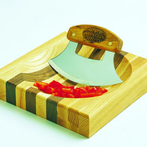 An 8'' Bowl with Inupiat Ulu & Display Stand with peppers on it.