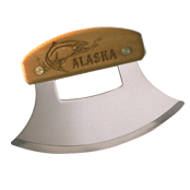A metal ulu knife with an alaska logo on it.