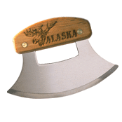 A metal ulu knife with an engraved alaska design.