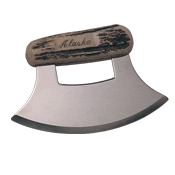 A large metal ulu knife with an alaskan logo on it.