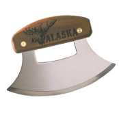 A large ulu knife with the word alaska on it.