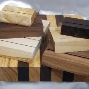 A variety of wood blocks are stacked on top of each other.
