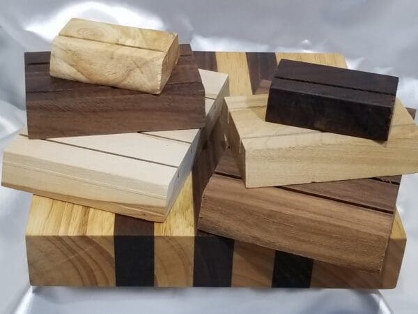 A variety of wood blocks are stacked on top of each other.