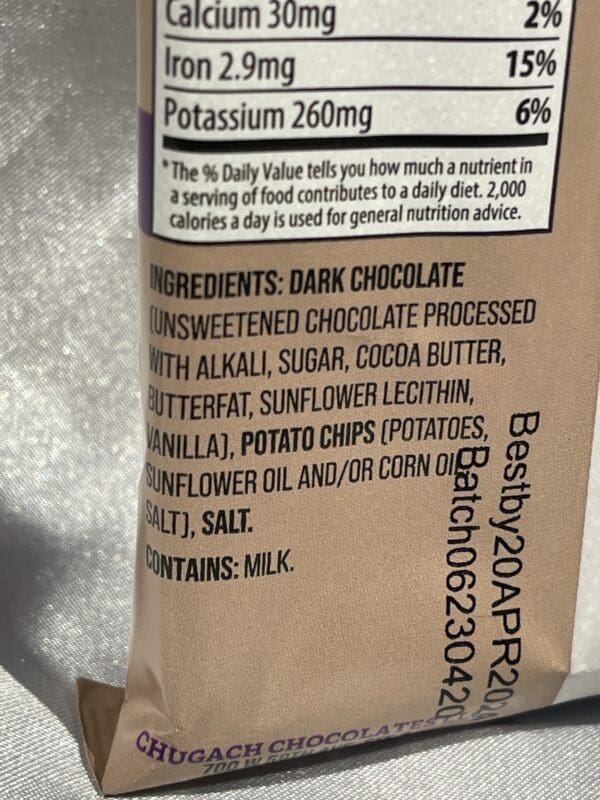 The back of a bag of dark chocolate chips.